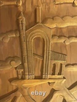 Large Vintage Fantasy Folk Art Carved Wooden Panel Castle In Clouds