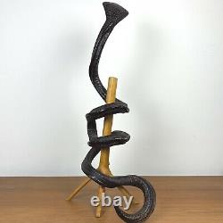 Large Vintage Hand Carved Wooden Cobra Snake on Stand (Folk Art)