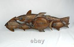 Large Vintage MCM School of Fish Carved Wood Sculpture Free Standing or Wall Art