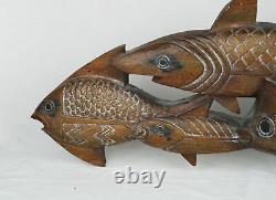 Large Vintage MCM School of Fish Carved Wood Sculpture Free Standing or Wall Art