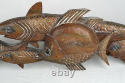 Large Vintage MCM School of Fish Carved Wood Sculpture Free Standing or Wall Art