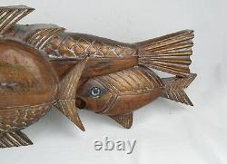 Large Vintage MCM School of Fish Carved Wood Sculpture Free Standing or Wall Art