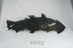 Large Vintage MCM School of Fish Carved Wood Sculpture Free Standing or Wall Art