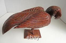 Large Vtg FOLK ART PARROT CARVING HeavyTropical Wood Jamaican Heart Tail