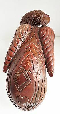 Large Vtg FOLK ART PARROT CARVING HeavyTropical Wood Jamaican Heart Tail