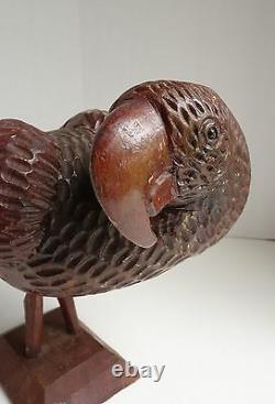 Large Vtg FOLK ART PARROT CARVING HeavyTropical Wood Jamaican Heart Tail