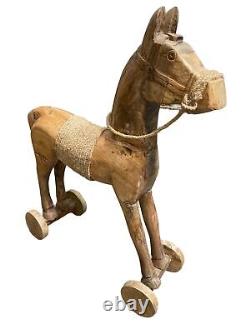 Large Wood Horse Hand Carved 25 Tall Twine Reins Saddle Hobby Horse Folk Art
