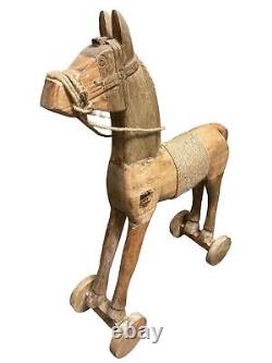 Large Wood Horse Hand Carved 25 Tall Twine Reins Saddle Hobby Horse Folk Art