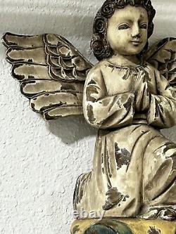 Large Wooden Hand Carved Praying PUTTI ANGEL CHERUB Face Wings Folk Art Corbel