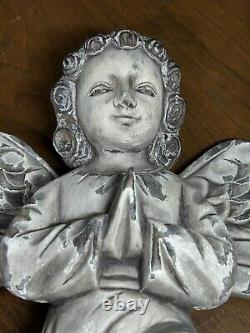 Large Wooden Hand Carved Praying PUTTI ANGEL CHERUB Face Wings Folk Art Corbel