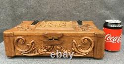 Large antique french folk art box trunk wood 1960-70's carving woodwork signed