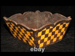 Late 19th C Folk Art Checkerboard Painted Carved Wood Planter Basket, Excellent