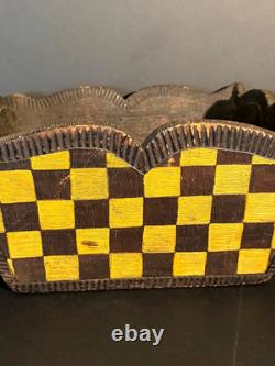 Late 19th C Folk Art Checkerboard Painted Carved Wood Planter Basket, Excellent