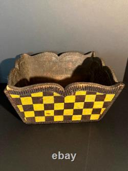 Late 19th C Folk Art Checkerboard Painted Carved Wood Planter Basket, Excellent
