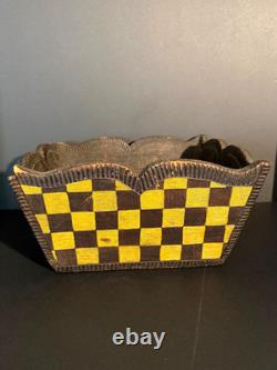 Late 19th C Folk Art Checkerboard Painted Carved Wood Planter Basket, Excellent