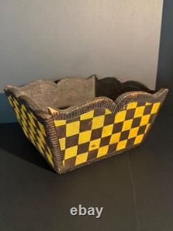 Late 19th C Folk Art Checkerboard Painted Carved Wood Planter Basket, Excellent