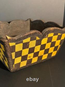 Late 19th C Folk Art Checkerboard Painted Carved Wood Planter Basket, Excellent
