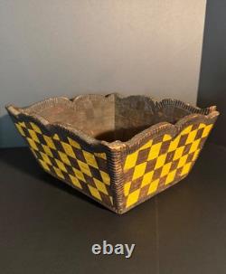Late 19th C Folk Art Checkerboard Painted Carved Wood Planter Basket, Excellent