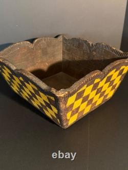 Late 19th C Folk Art Checkerboard Painted Carved Wood Planter Basket, Excellent