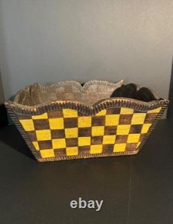 Late 19th C Folk Art Checkerboard Painted Carved Wood Planter Basket, Excellent