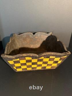 Late 19th C Folk Art Checkerboard Painted Carved Wood Planter Basket, Excellent