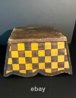 Late 19th C Folk Art Checkerboard Painted Carved Wood Planter Basket, Excellent
