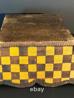 Late 19th C Folk Art Checkerboard Painted Carved Wood Planter Basket, Excellent