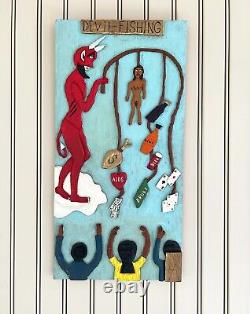 Leroy Almon Original Folk Art Devil Fishing Carved Wood Relief 1991
