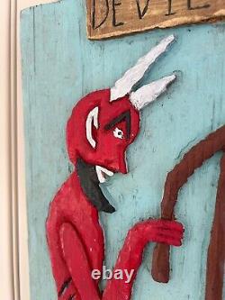 Leroy Almon Original Folk Art Devil Fishing Carved Wood Relief 1991