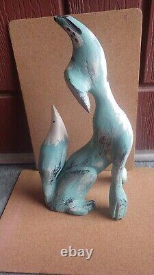 Lg 16 Pete Ortega Folk Art Turquoise Carved Wood Sculpture Coyote Santa Fe Nm