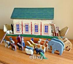 Lg Antique Folk Art Noah's Ark With Hand Carved Animals Naive 19th Century Toy