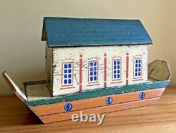 Lg Antique Folk Art Noah's Ark With Hand Carved Animals Naive 19th Century Toy