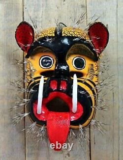 Lg Tiger Jaguar Dance Mask Fierce Hand Carved & Painted Guerrero Mexico Folk Art