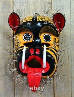 Lg Tiger Jaguar Dance Mask Fierce Hand Carved & Painted Guerrero Mexico Folk Art