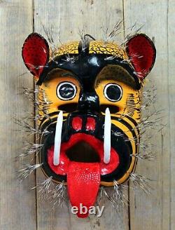 Lg Tiger Jaguar Dance Mask Fierce Hand Carved & Painted Guerrero Mexico Folk Art