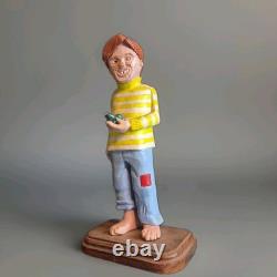 Loris Crandall Signed 1988 Hand Carved Wood Sculpture Boy Frog 12 Folk Art Red