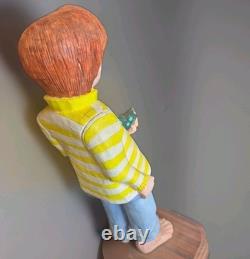 Loris Crandall Signed 1988 Hand Carved Wood Sculpture Boy Frog 12 Folk Art Red