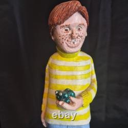 Loris Crandall Signed 1988 Hand Carved Wood Sculpture Boy Frog 12 Folk Art Red