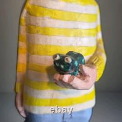 Loris Crandall Signed 1988 Hand Carved Wood Sculpture Boy Frog 12 Folk Art Red