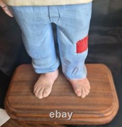 Loris Crandall Signed 1988 Hand Carved Wood Sculpture Boy Frog 12 Folk Art Red