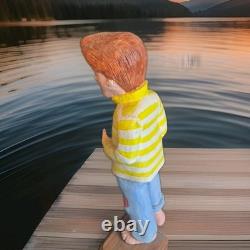 Loris Crandall Signed 1988 Hand Carved Wood Sculpture Boy Frog 12 Folk Art Red