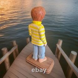 Loris Crandall Signed 1988 Hand Carved Wood Sculpture Boy Frog 12 Folk Art Red