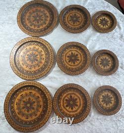 Lot 9 Poland Hand Carved Engraved Wood Wooden Folk Art Plate 6.5 8.5 11 Across