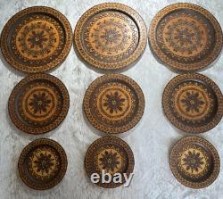 Lot 9 Poland Hand Carved Engraved Wood Wooden Folk Art Plate 6.5 8.5 11 Across