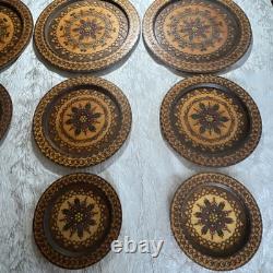 Lot 9 Poland Hand Carved Engraved Wood Wooden Folk Art Plate 6.5 8.5 11 Across