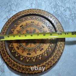 Lot 9 Poland Hand Carved Engraved Wood Wooden Folk Art Plate 6.5 8.5 11 Across