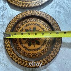 Lot 9 Poland Hand Carved Engraved Wood Wooden Folk Art Plate 6.5 8.5 11 Across