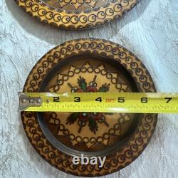 Lot 9 Poland Hand Carved Engraved Wood Wooden Folk Art Plate 6.5 8.5 11 Across
