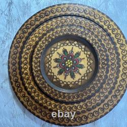 Lot 9 Poland Hand Carved Engraved Wood Wooden Folk Art Plate 6.5 8.5 11 Across