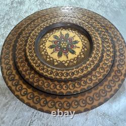 Lot 9 Poland Hand Carved Engraved Wood Wooden Folk Art Plate 6.5 8.5 11 Across